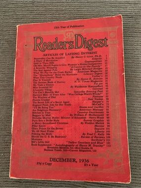 Reader's Digest Vintage Red Magazine - December 1936 WWII 15th Year of Pub